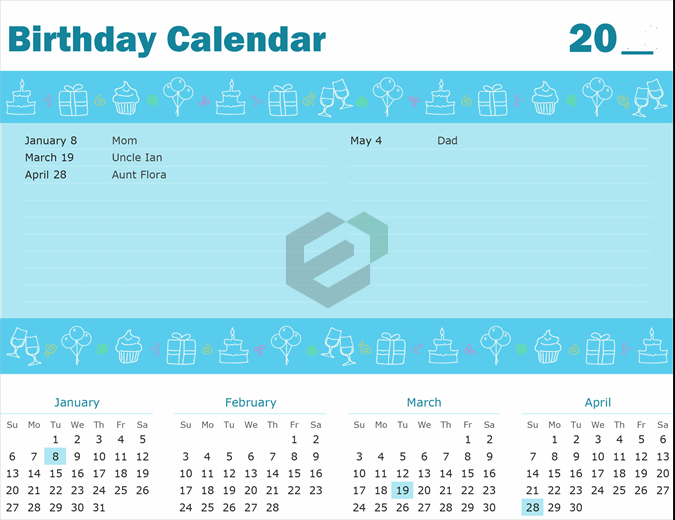 Birthday Calendar Template Free Excel Calendar and Planners