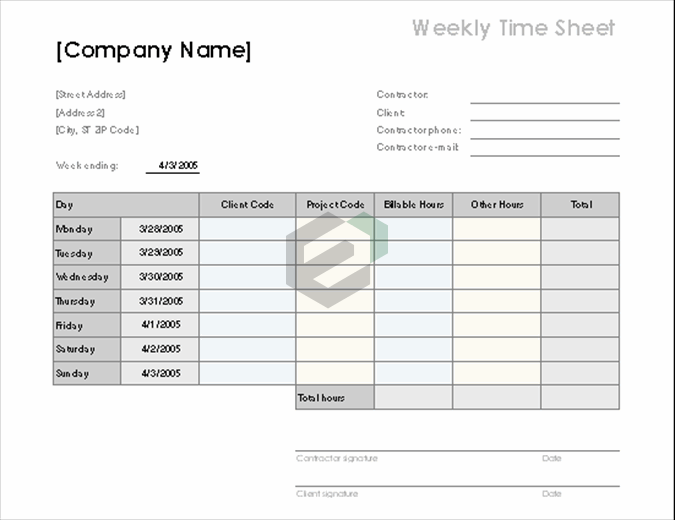 Weekly time sheet by client and project excel template feature image