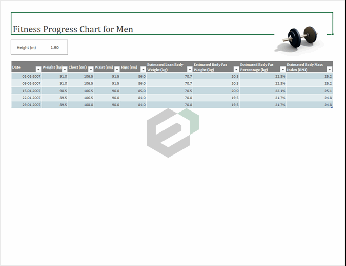 Fitness progress tracker for men (metric) excel template feature image