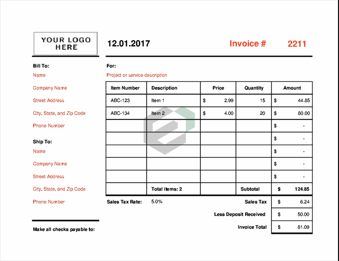 Invoice that calculates total (landscape) excel template feature image