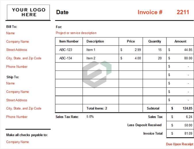 Invoice that calculates total (with logo) excel template feature image