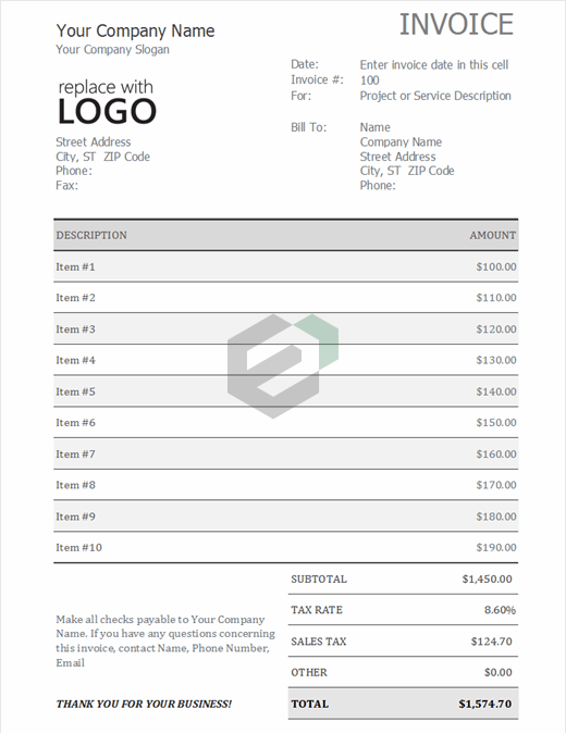 Invoice with sales tax excel template feature image
