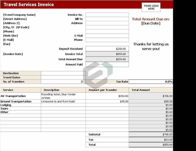 Travel service invoice excel template feature image