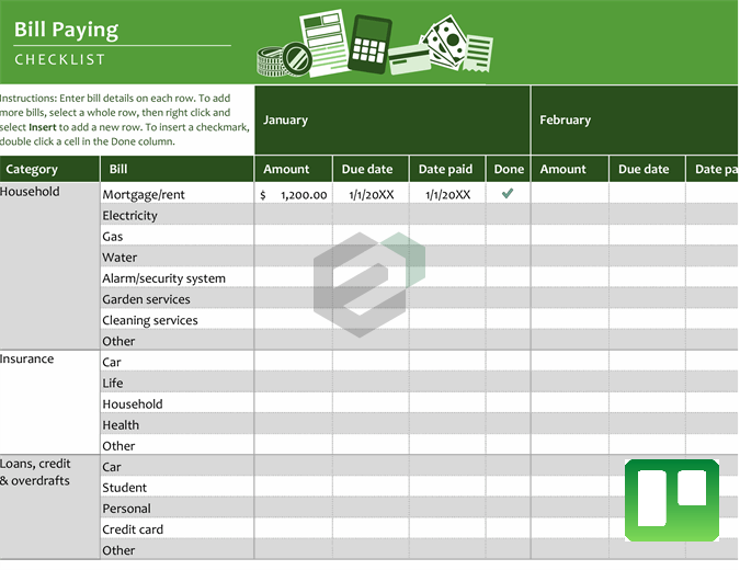 checklist list of bills to pay