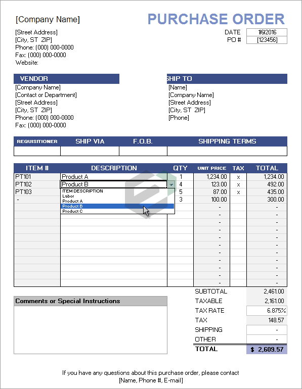 Purchase Order Excel Template Free Download