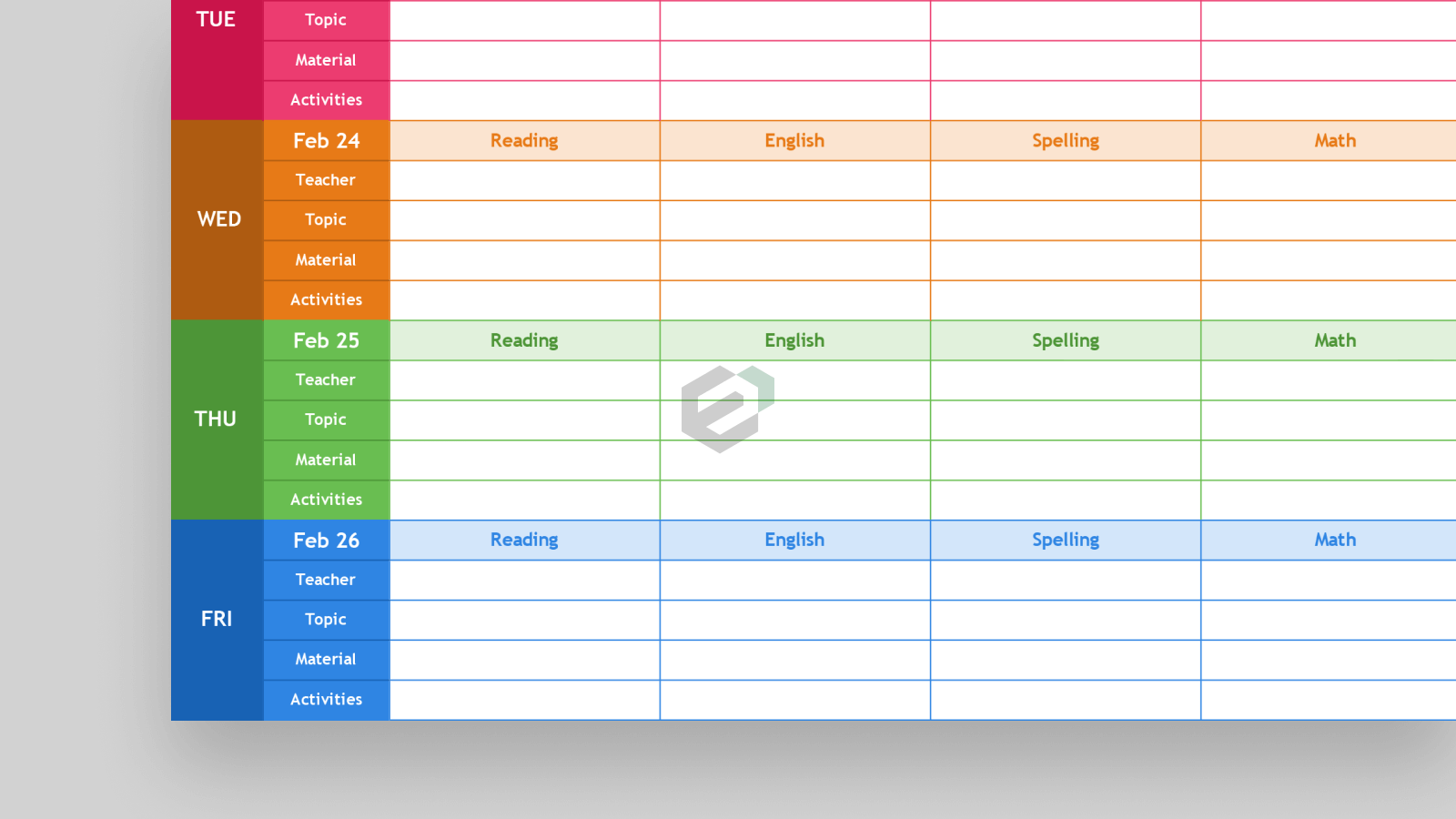 Weekly Lesson Planner Excel Template for Teachers