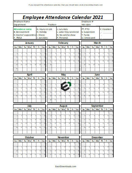 Printable Employee Attendance Calendar 2021 Excel Downloads