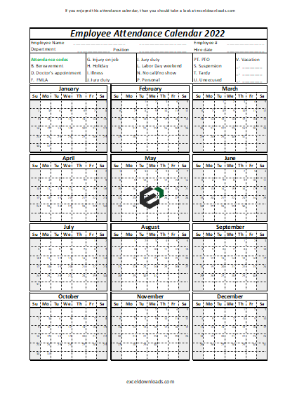 Printable Employee Attendance Calendar 2022 Excel Downloads