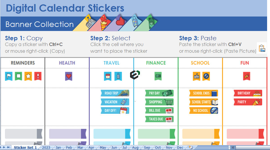 2023 Calendar Digital in Excel with Stickers by ExcelDownloads Feature Image