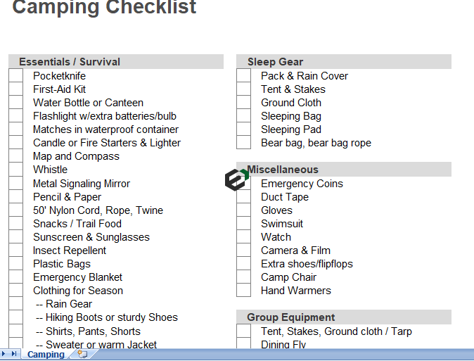 Camping Checklist Template in Excel By ExcelDownloads.com Feature Image