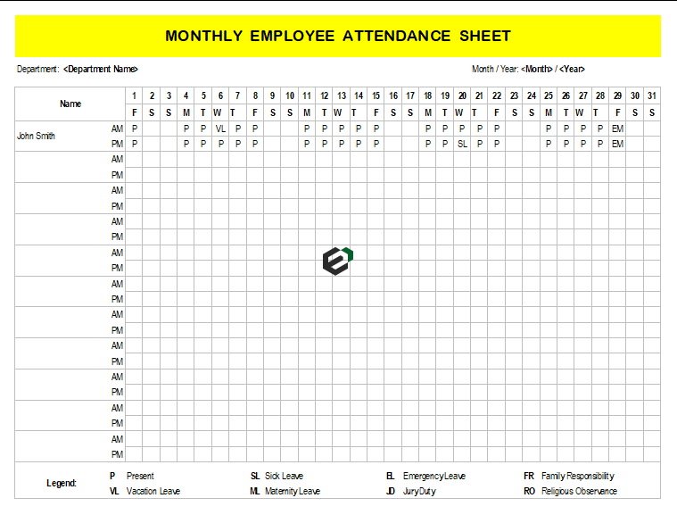 attendance sheet in excel with formula