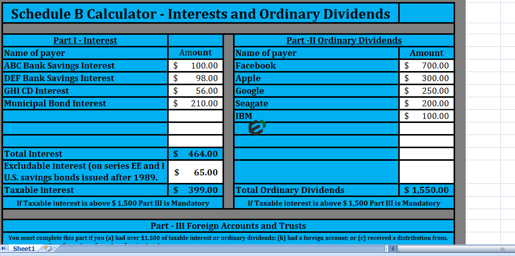 Schedule B Calculator in Excel for Federal Income Tax Form 1040 and 1040A Feature Image