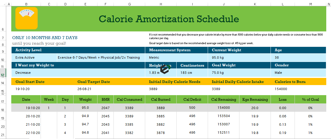 calorie amortization schedule in excel by excel downloads