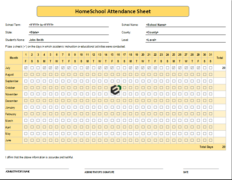 monthly homeschool attendance sheet template in Excel by exceldownloads feature image