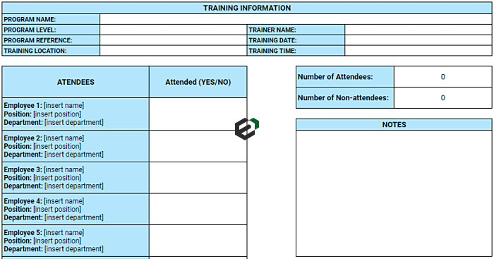 Printable Training Program Attendance record template in Excel