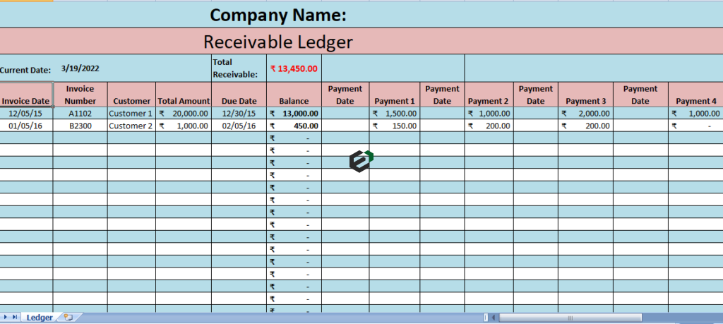 Accounts receivable ledger format in Excel by ExcelDownloads.com Feature iMage