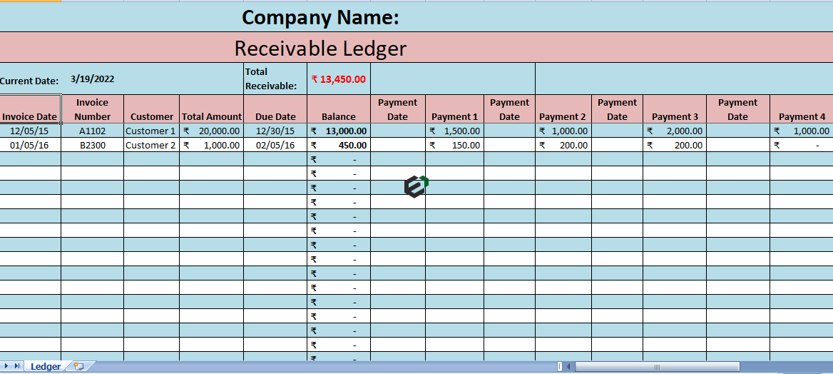 Accounts receivable ledger format in Excel by ExcelDownloads.com Feature iMage