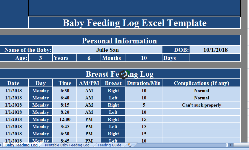 baby breastfeeding log template in excel by exceldownloads.com feature image