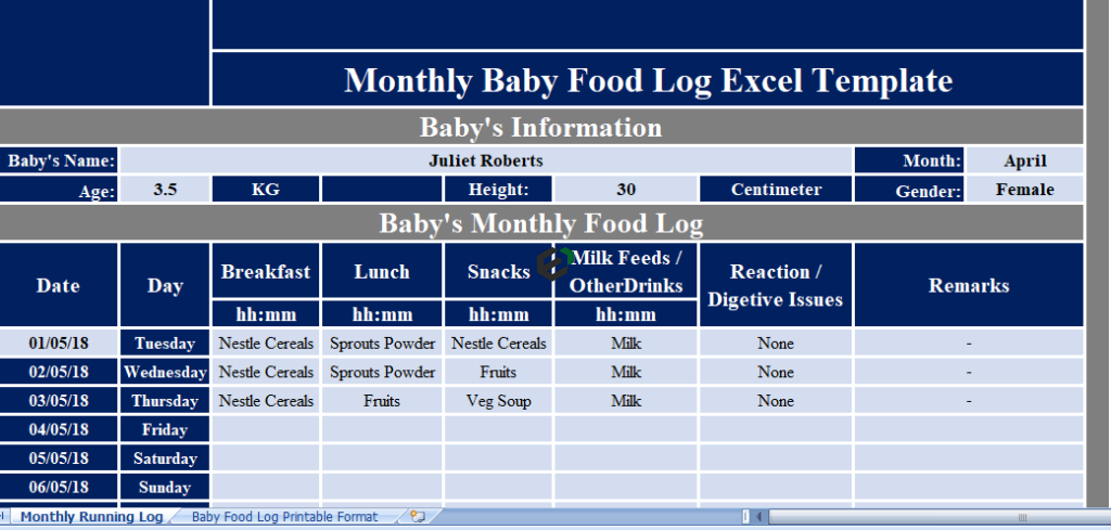 baby food feeding log format in excel by exceldownloads.com feature image