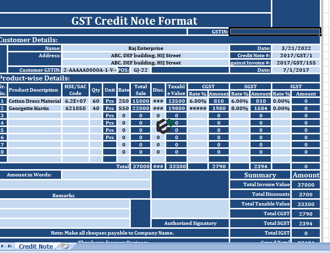 Gst Debit Note And Credit Note Format In Excel Free Download