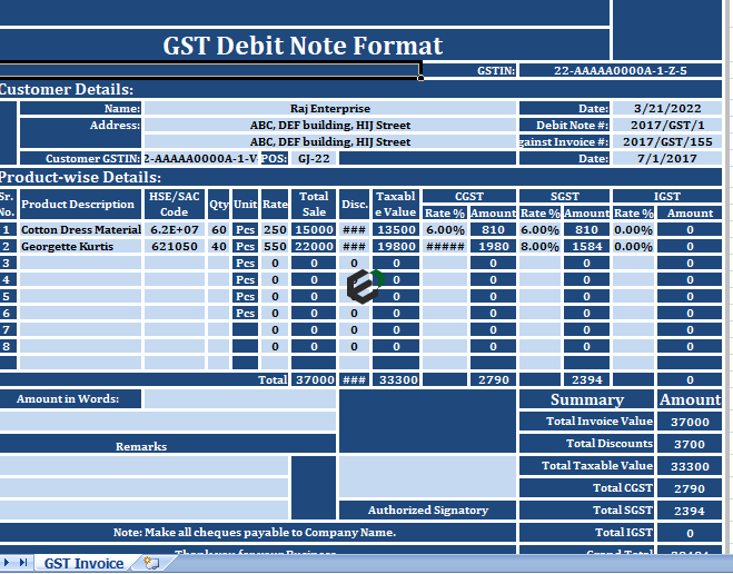 GST Debit Note Format in Excel Template Feature image