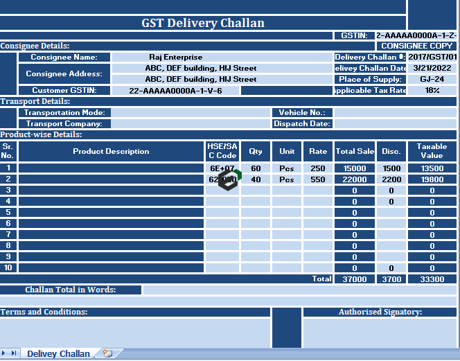 GST Delivery Challan Excel Template feature image