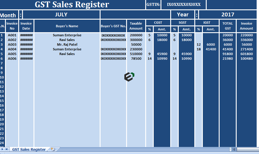 GST Sales Register format in Excel by ExcelDownloads.com Feature Image