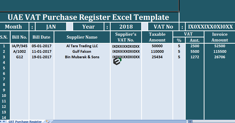 UAE VAT Purchase Register Template in Excel by ExcelDownloads Feature image