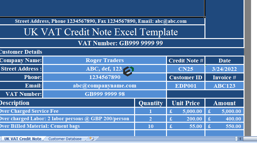 UK VAT Credit note format in Excel Download for free