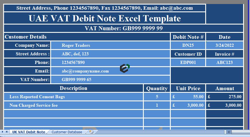 UK VAT Debit Note Excel Template and Format in Excel Download for free