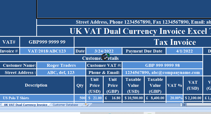UK VAT Invoice format with Dual currency in Excel by ExcelDownloads.com Feature Image. Download Now.