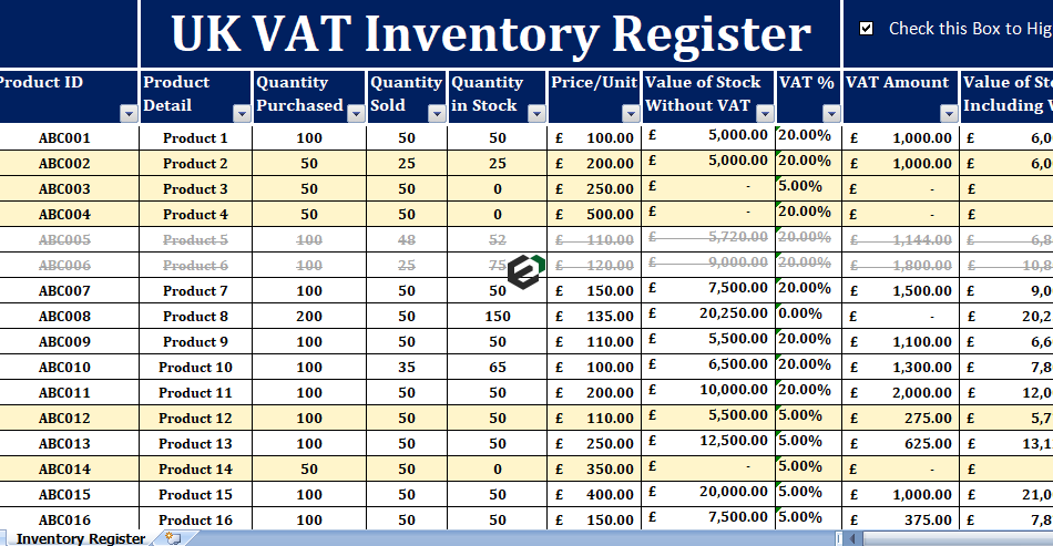 UK VAT Inventory Register in Excel for business by ExcelDownloads.com Feature Image