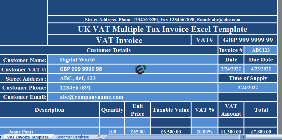 UK VAT Multiple Tax Invoice Template in Excel by Exceldownloads.com Feature Image