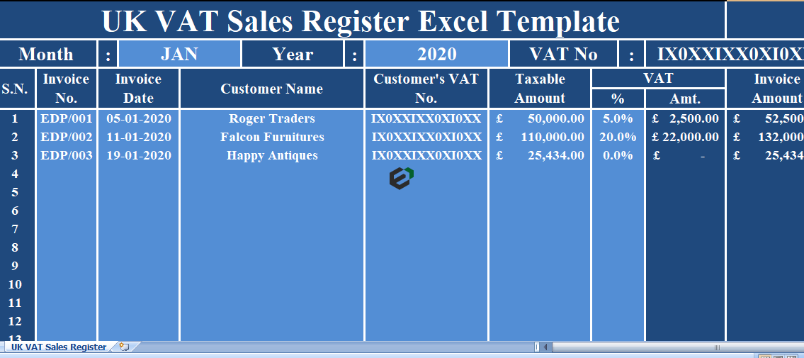 UK VAT Sales Register Template in Excel