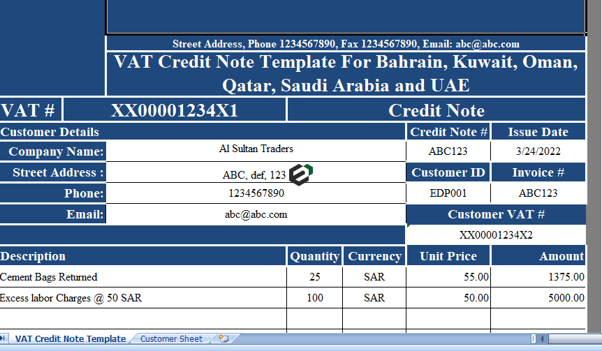 UAE VAT Credit Note in Excel by Exceldownloads.com Feature Image
