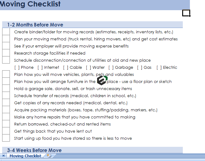 Moving Checklist Excel Template