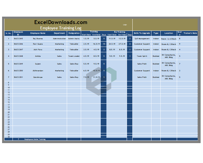 Employee Training Log in Excel by ExcelDownloads Feature Image