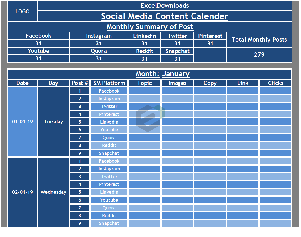 Free Social Media Content Calendar Excel Template