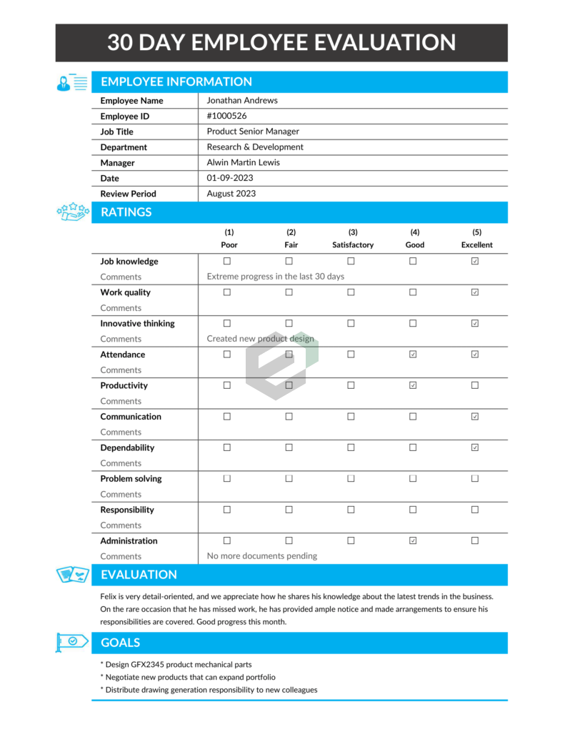 30 days employee evaluation form in Excel by ExcelDownloads