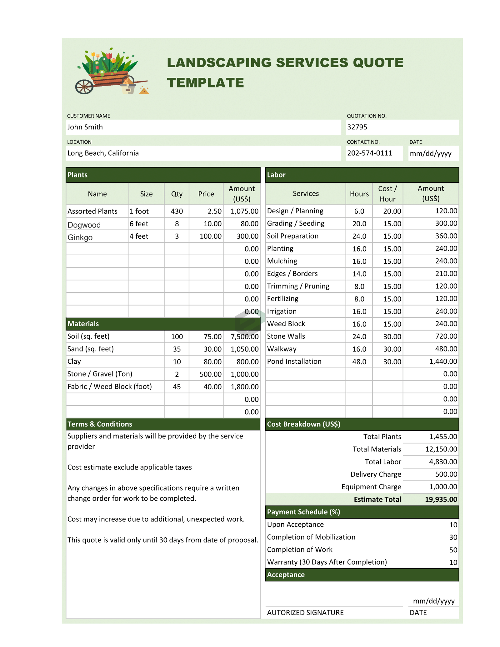 Landscaping Services Quotation Excel Template