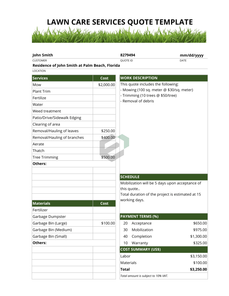 Lawn Care Services Quotation Excel Template