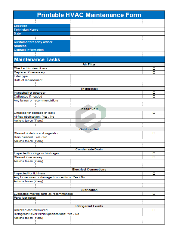 Printable HVAC Maintenance Form