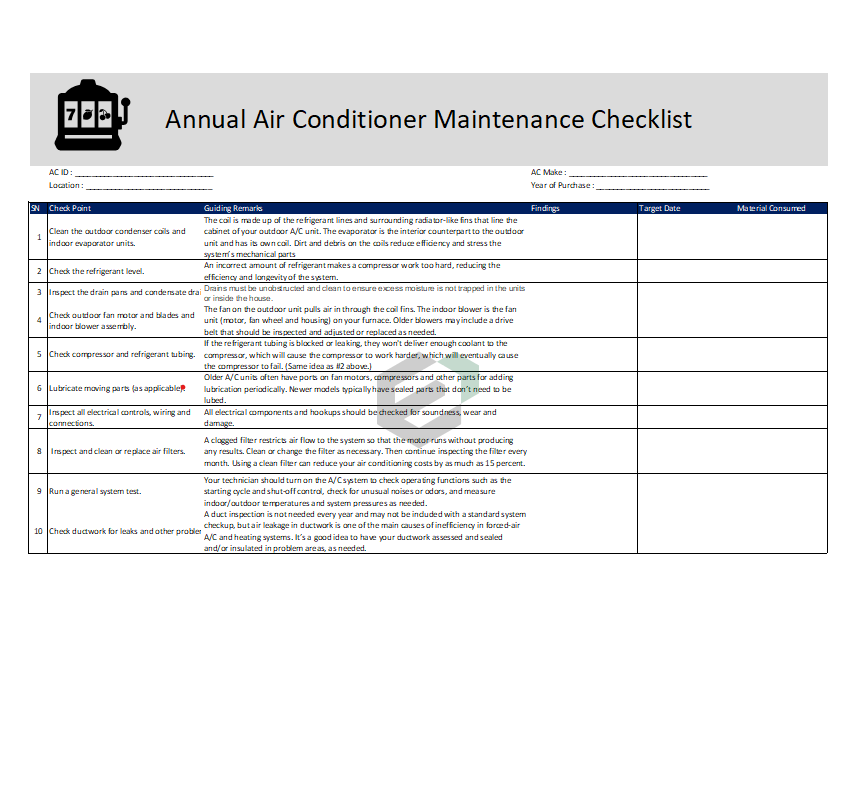Annual Air Conditioner Maintenance Checklist Format in Excel