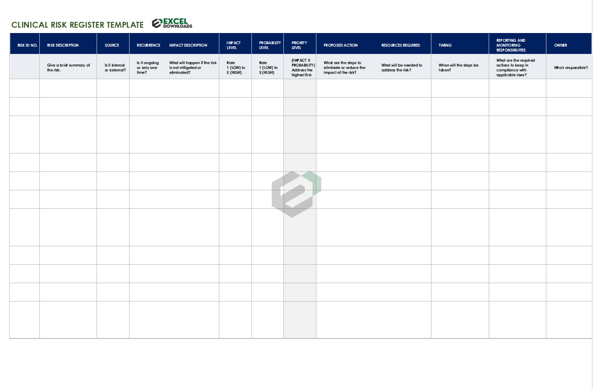 Clinical Risk Register Excel Template