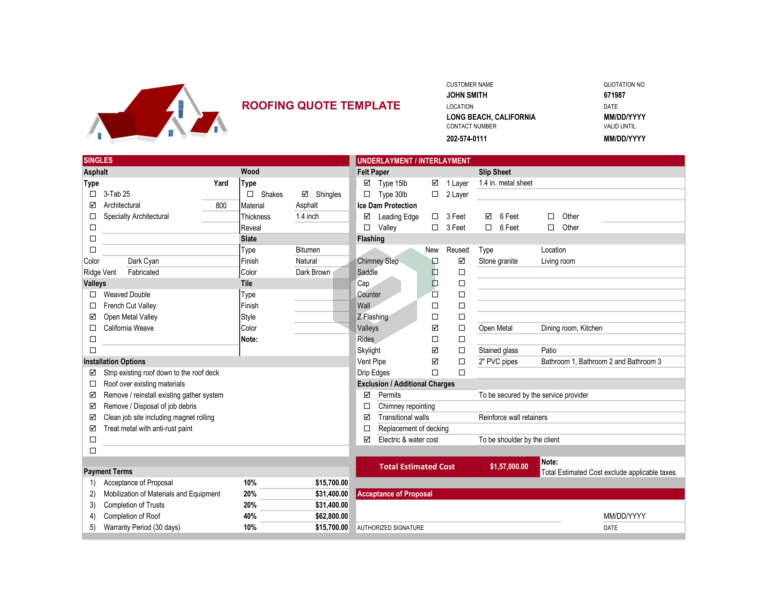 [Free] Roofing Services Quotation Excel Template