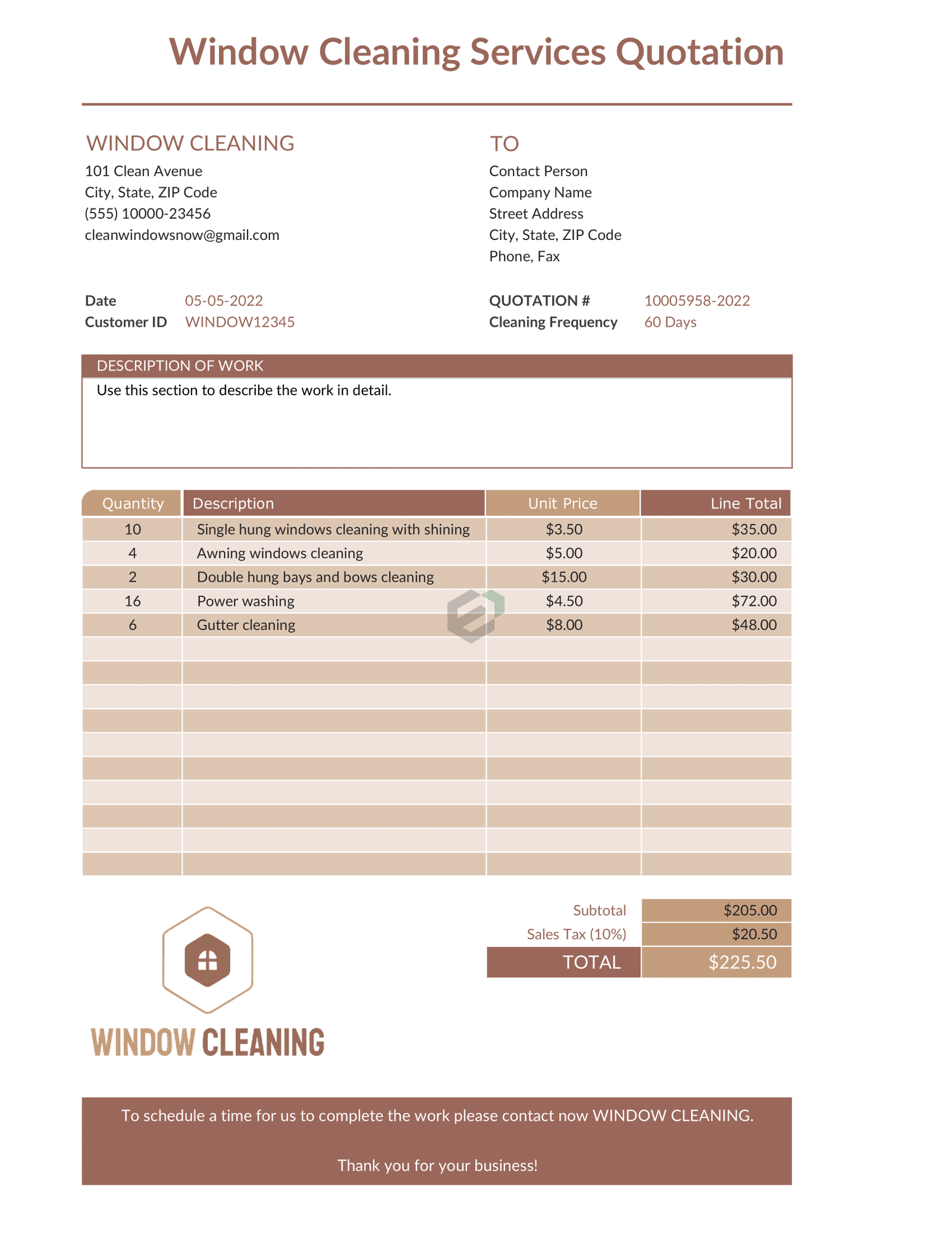 Window Cleaning Services Quotation Template in Excel. It is free to download and easy to customize.