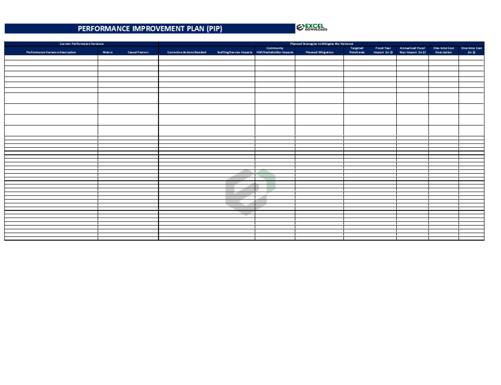 performance Improvement Plan Excel Template by ExcelDownload Feature Image. This is a comprehensive, free to download and easy to use PIP Template. It Comes with Completed PIP Example for users to understand how to use it.