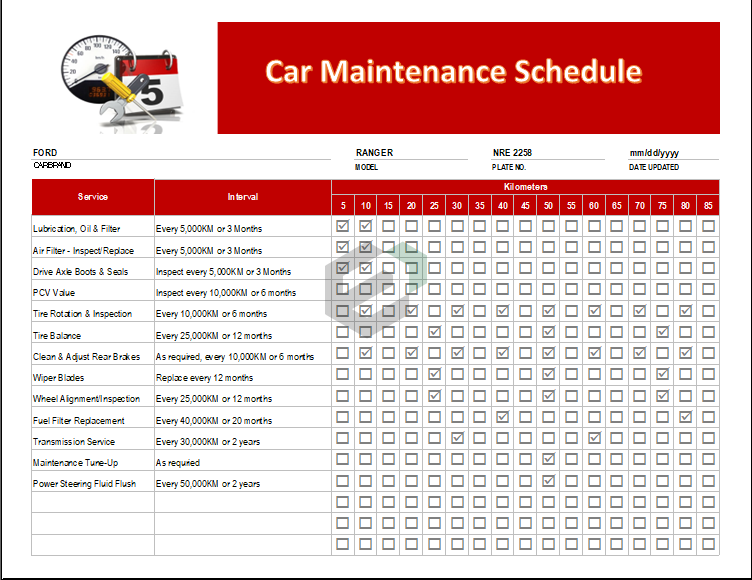 Car Maintenance Schedule Excel Template