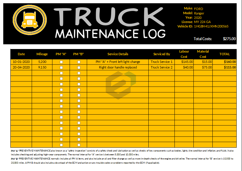 Truck Maintenance Log Excel Template