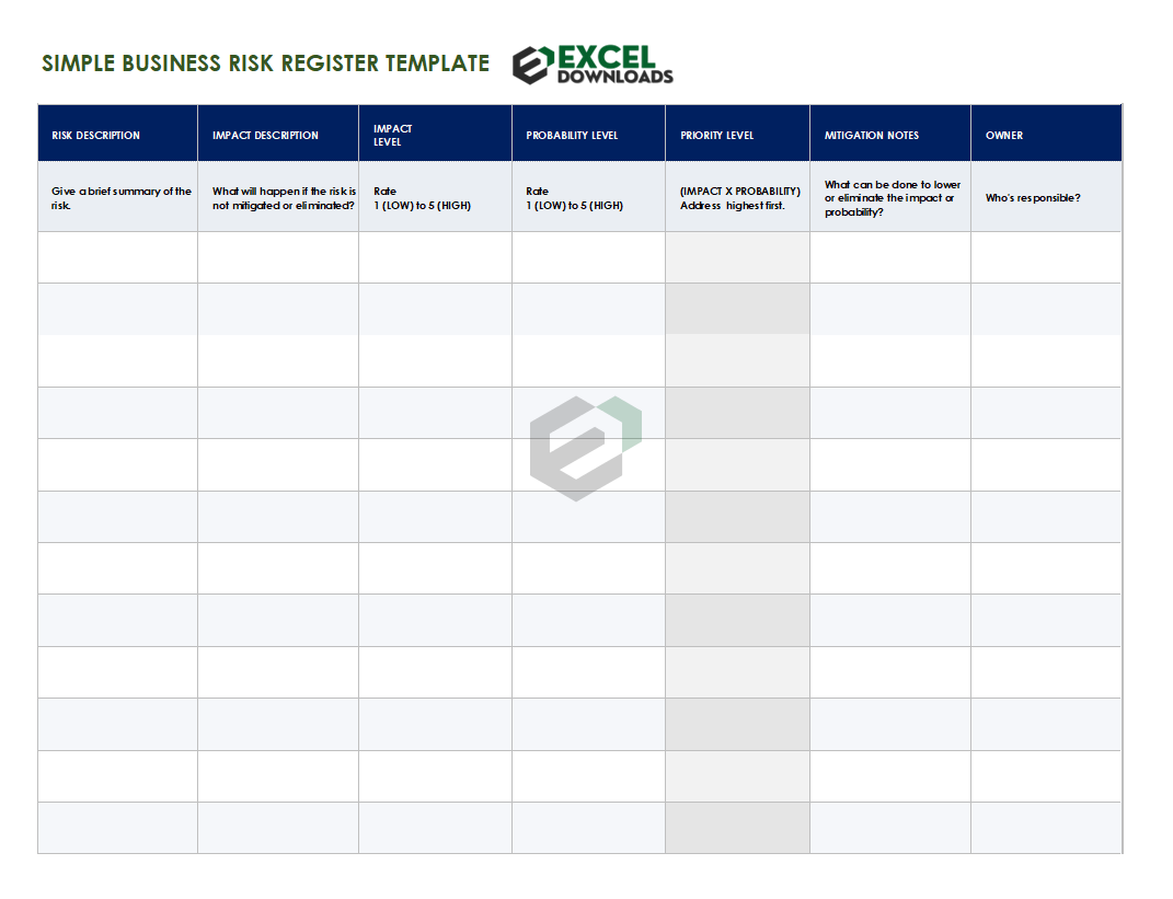 Simple Business Risk Register Excel Template Free download